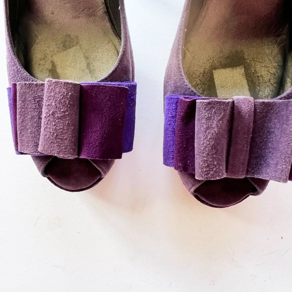Stuart Weitzman Purple Suede Peep Toe Folded Bow Stiletto Pumps - Picture 10 of 16